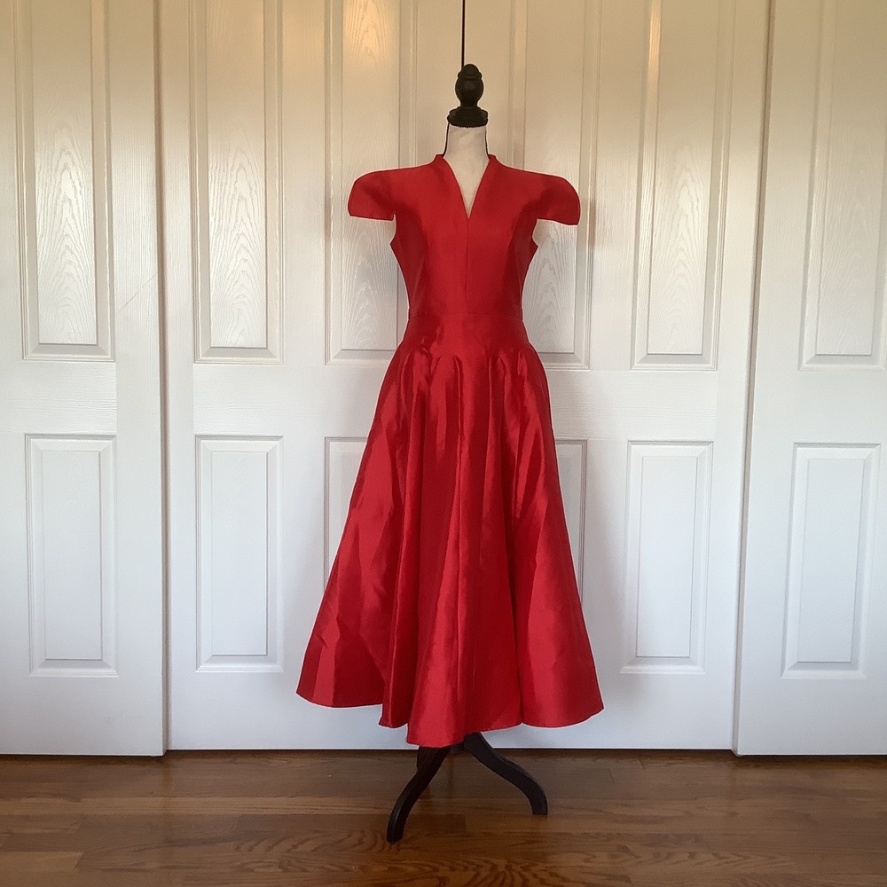 Miss Rosier Red V Neck Cap Sleeve Fit and Flare Midi Dress Size M NWT